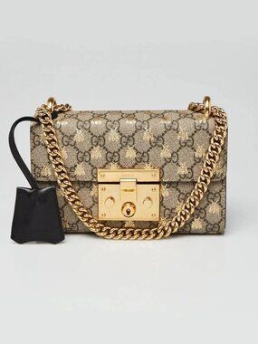 Gucci Beige/Ebony GG Supreme Bees Coated Canvas Padlock Small Shoulder Bag